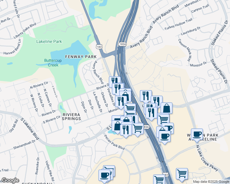 map of restaurants, bars, coffee shops, grocery stores, and more near 2403 South Bell Boulevard in Cedar Park