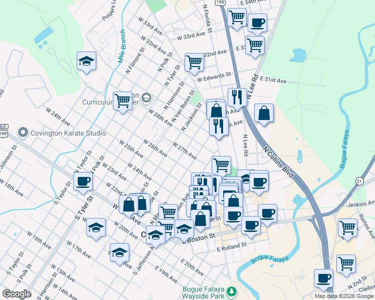 map of restaurants, bars, coffee shops, grocery stores, and more near 301 West 27th Avenue in Covington
