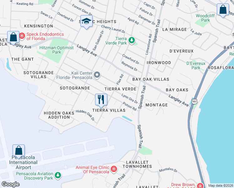 map of restaurants, bars, coffee shops, grocery stores, and more near 3996 Potosi Road in Pensacola