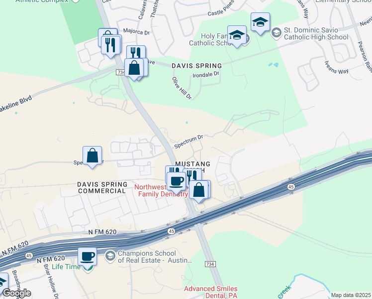 map of restaurants, bars, coffee shops, grocery stores, and more near 9421 Spectrum Drive in Austin