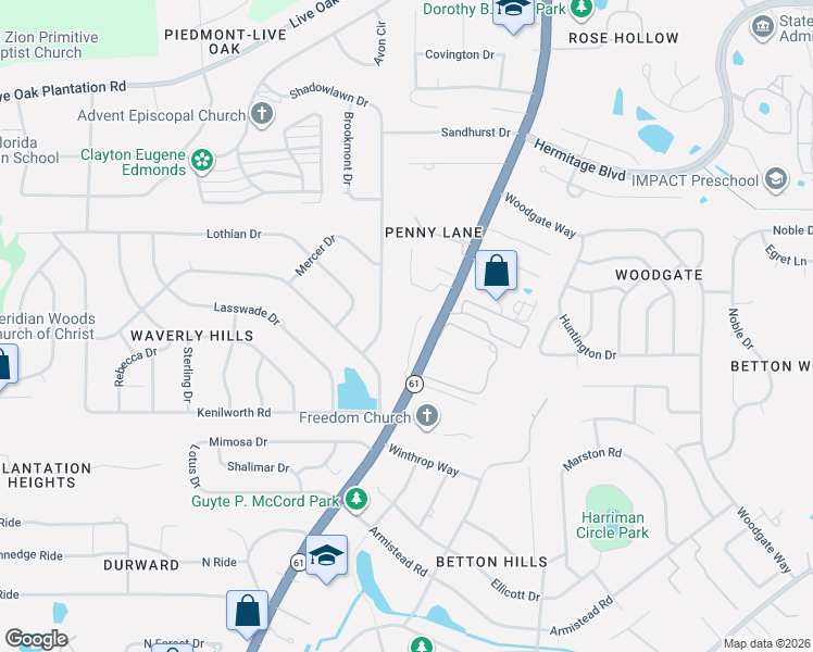 map of restaurants, bars, coffee shops, grocery stores, and more near 2835 Asbury Hill Drive in Tallahassee