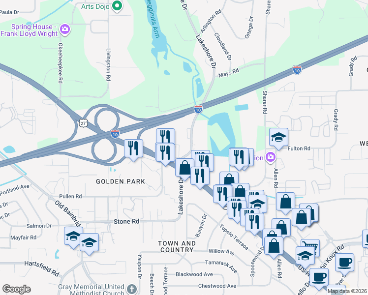 map of restaurants, bars, coffee shops, grocery stores, and more near 2818 W Lakeshore Dr in Tallahassee