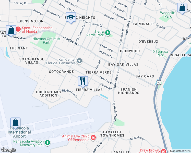 map of restaurants, bars, coffee shops, grocery stores, and more near 3996 Potosi Road in Pensacola