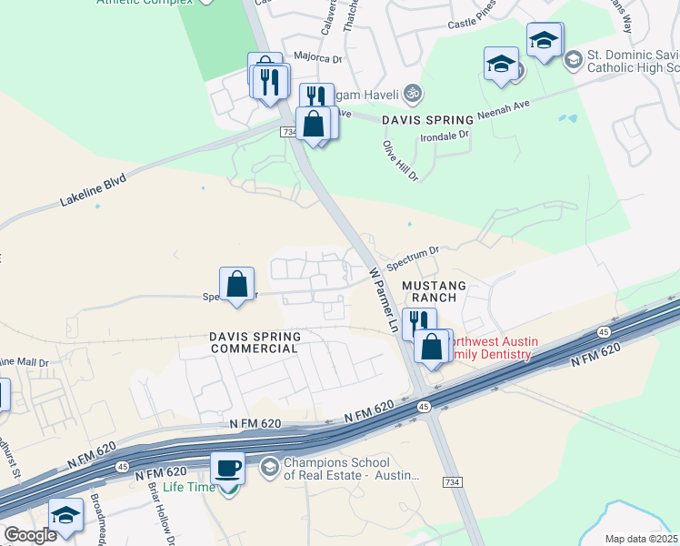 map of restaurants, bars, coffee shops, grocery stores, and more near 9520 Spectrum Drive in Austin