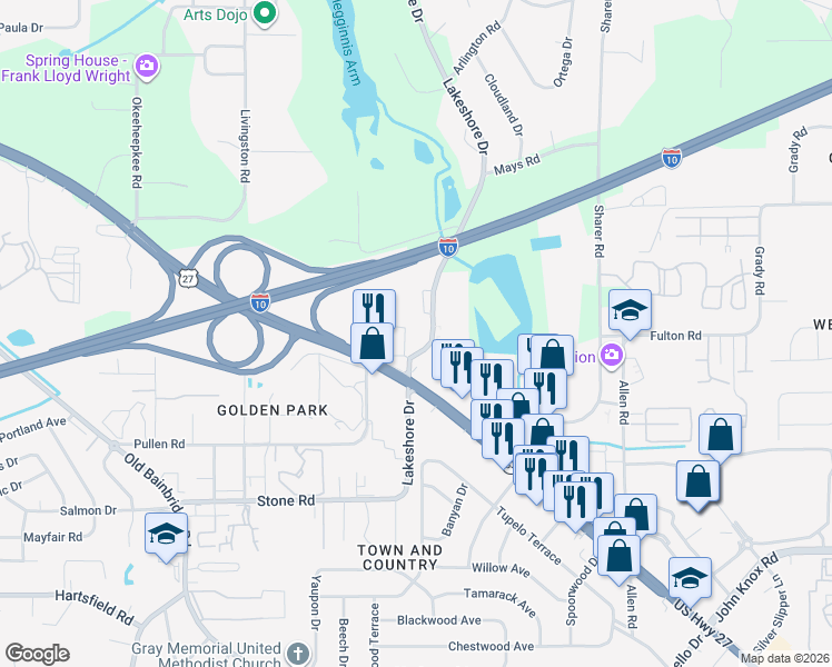 map of restaurants, bars, coffee shops, grocery stores, and more near 2818 W Lakeshore Dr in Tallahassee