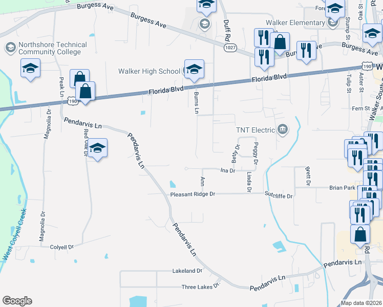 map of restaurants, bars, coffee shops, grocery stores, and more near 29273 Burns Lane in Walker