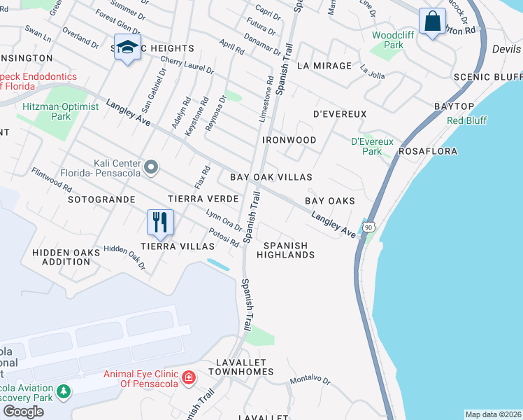 map of restaurants, bars, coffee shops, grocery stores, and more near 5860 Spanish Trail Road in Pensacola