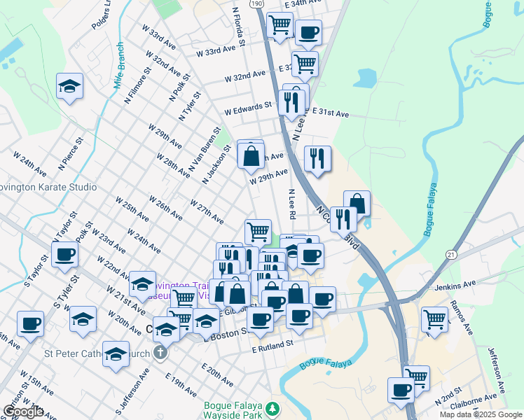 map of restaurants, bars, coffee shops, grocery stores, and more near 80 West 28th Avenue in Covington