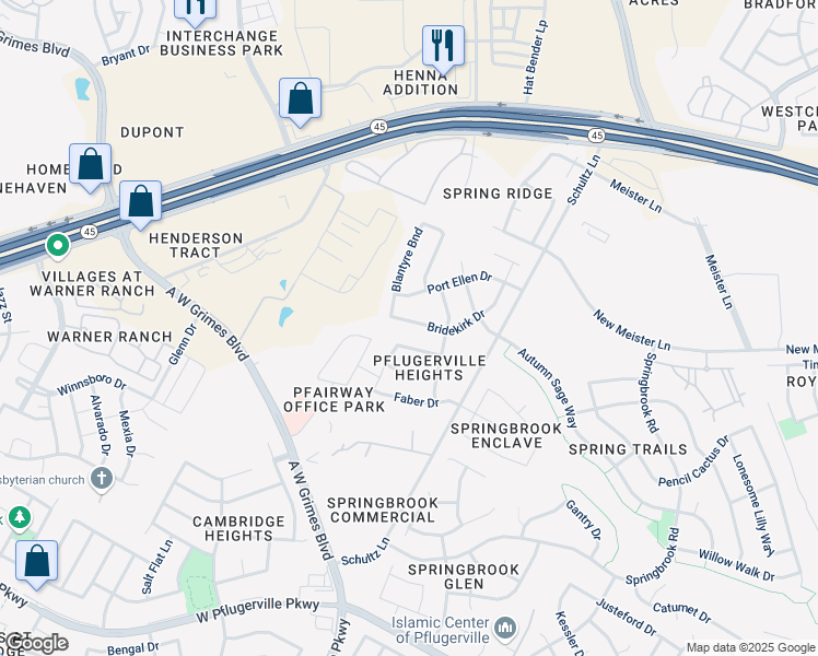 map of restaurants, bars, coffee shops, grocery stores, and more near 2913 Bridekirk Drive in Round Rock