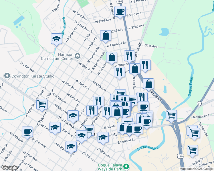 map of restaurants, bars, coffee shops, grocery stores, and more near 713 North Madison Street in Covington