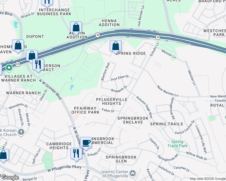 map of restaurants, bars, coffee shops, grocery stores, and more near 2817 Bridekirk Drive in Round Rock