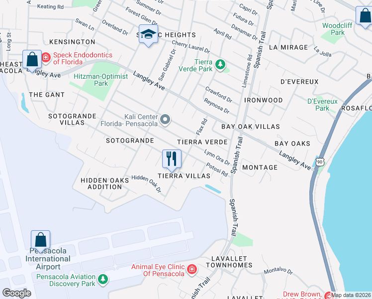 map of restaurants, bars, coffee shops, grocery stores, and more near 3996 Potosi Road in Pensacola