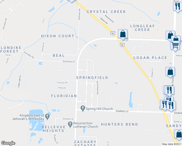 map of restaurants, bars, coffee shops, grocery stores, and more near 1122 Brownfield Road in Pensacola