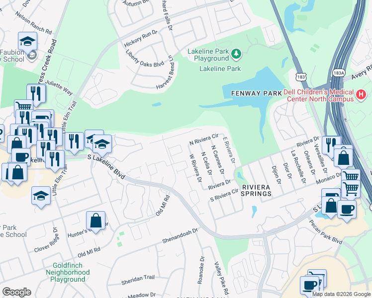 map of restaurants, bars, coffee shops, grocery stores, and more near 2105 West Riviera Drive in Cedar Park