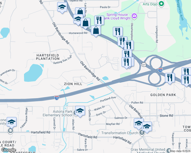 map of restaurants, bars, coffee shops, grocery stores, and more near 2660 Old Bainbridge Road in Tallahassee