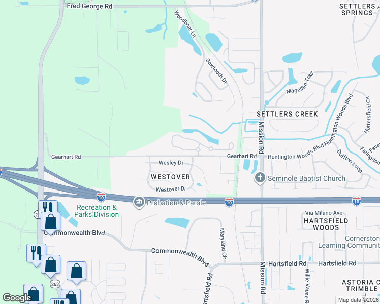 map of restaurants, bars, coffee shops, grocery stores, and more near 4476 Wesley Drive in Tallahassee