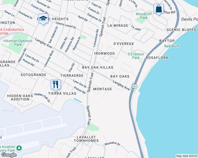 map of restaurants, bars, coffee shops, grocery stores, and more near 5635 Enchanting Oaks Drive in Pensacola