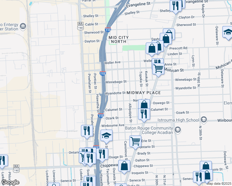 map of restaurants, bars, coffee shops, grocery stores, and more near 2525 Wyandotte Street in Baton Rouge