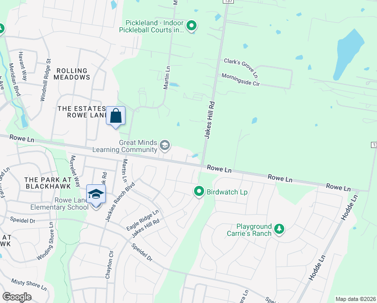 map of restaurants, bars, coffee shops, grocery stores, and more near 3502 Rowe Lane in Pflugerville