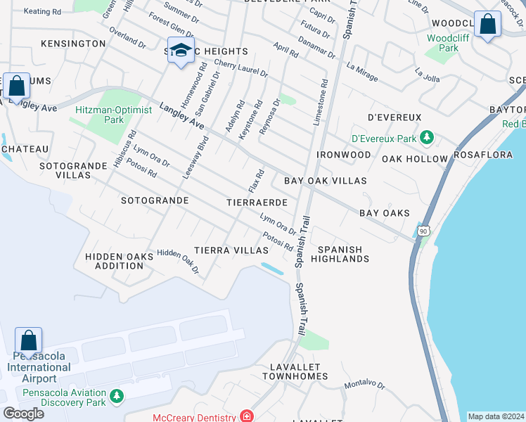 map of restaurants, bars, coffee shops, grocery stores, and more near 4206 Lynn Ora Drive in Pensacola