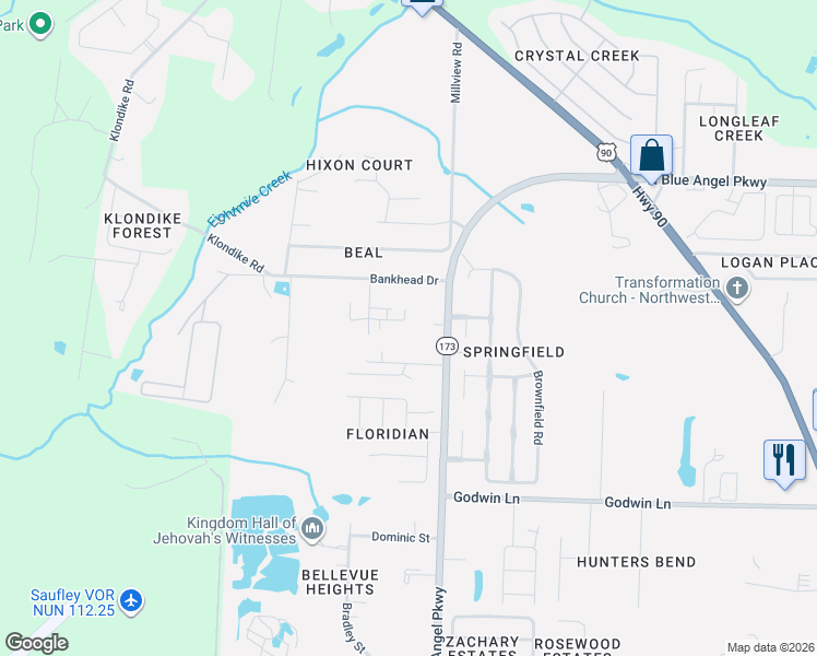 map of restaurants, bars, coffee shops, grocery stores, and more near 6813 Cedar Ridge Drive in Pensacola