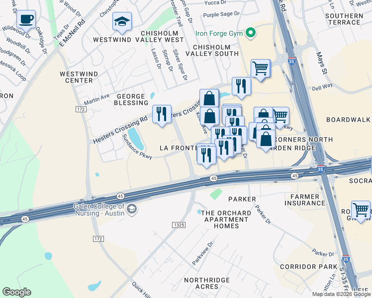 map of restaurants, bars, coffee shops, grocery stores, and more near 2595 La Frontera Boulevard in Round Rock