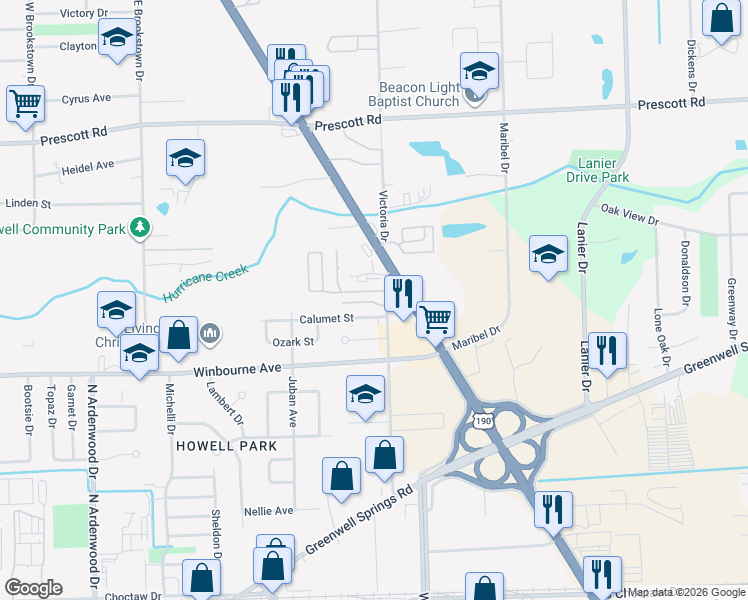 map of restaurants, bars, coffee shops, grocery stores, and more near 3505 Victoria Drive in Baton Rouge