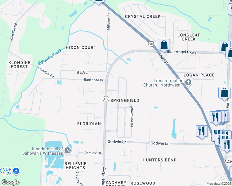 map of restaurants, bars, coffee shops, grocery stores, and more near 3092 Flintlock Drive in Pensacola