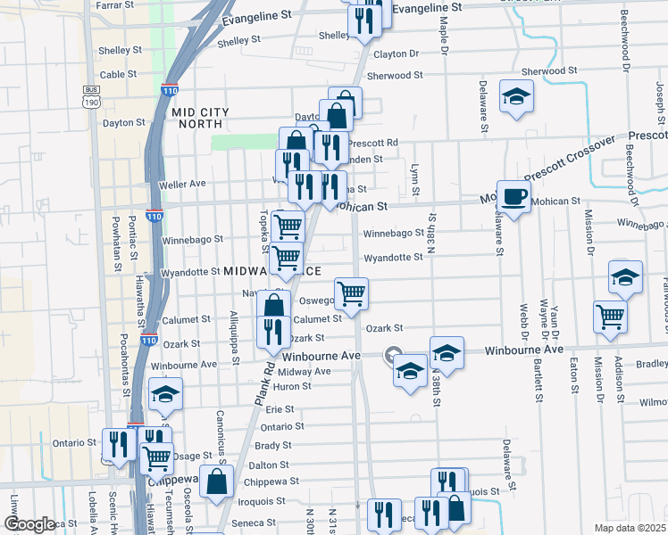 map of restaurants, bars, coffee shops, grocery stores, and more near 3151 Charles Street in Baton Rouge