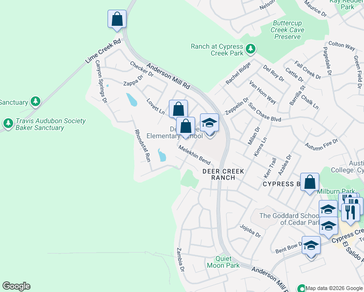 map of restaurants, bars, coffee shops, grocery stores, and more near 2604 Melekhin Bend in Cedar Park