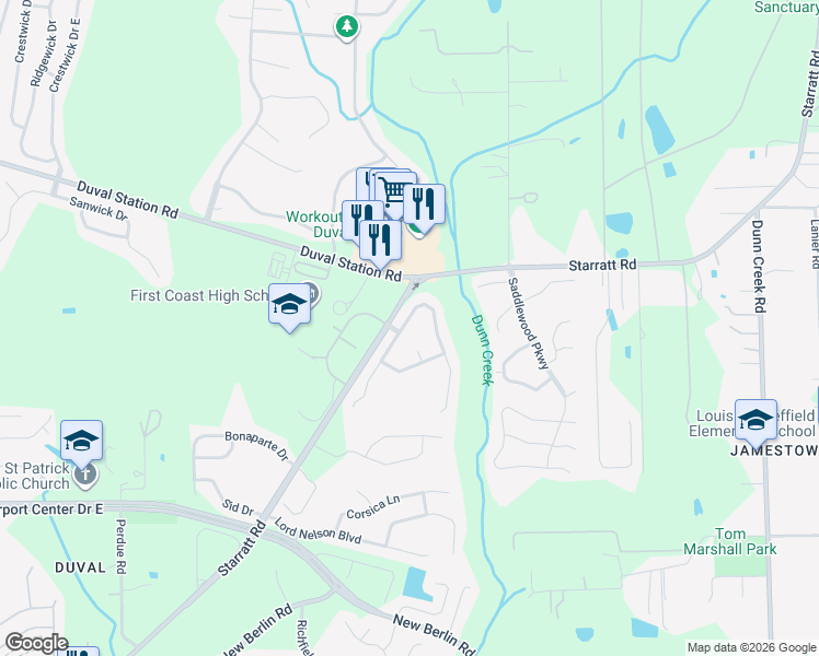 map of restaurants, bars, coffee shops, grocery stores, and more near 13563 Ashford Wood Court West in Jacksonville