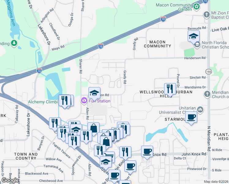 map of restaurants, bars, coffee shops, grocery stores, and more near 603 Fulton Road in Tallahassee