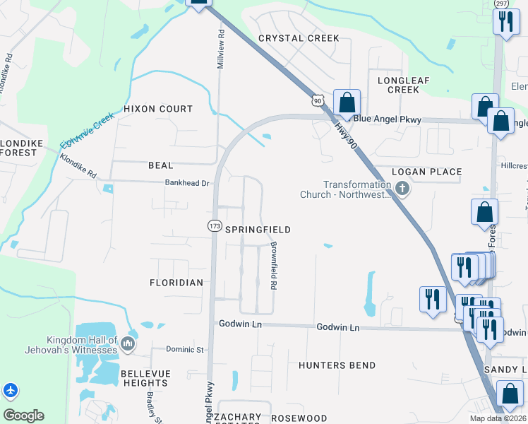 map of restaurants, bars, coffee shops, grocery stores, and more near 1110 Brownfield Road in Bellview