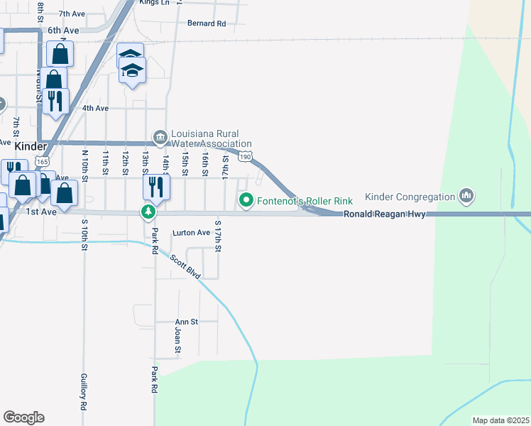map of restaurants, bars, coffee shops, grocery stores, and more near 1st Avenue in Kinder