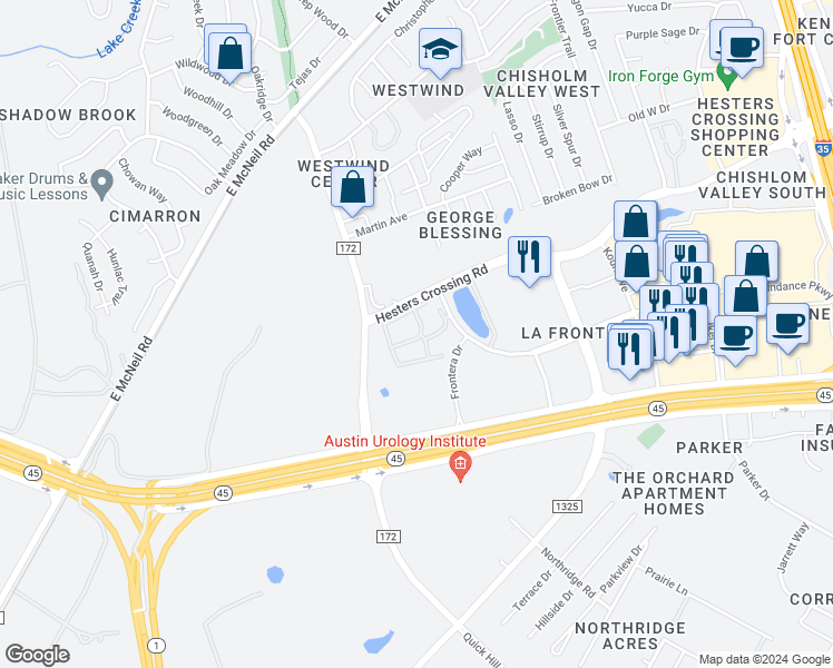 map of restaurants, bars, coffee shops, grocery stores, and more near 1401 Hesters Crossing Road in Round Rock
