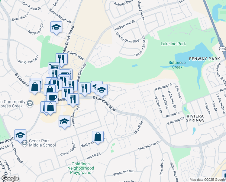 map of restaurants, bars, coffee shops, grocery stores, and more near 2006 South Lakeline Boulevard in Cedar Park