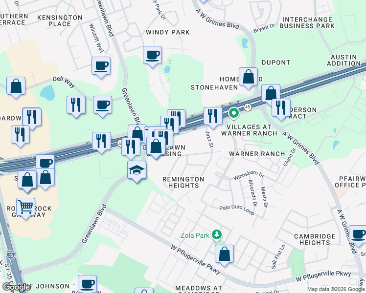 map of restaurants, bars, coffee shops, grocery stores, and more near 661 Louis Henna Boulevard in Round Rock