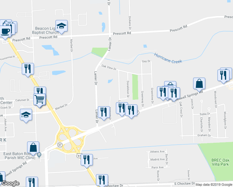 map of restaurants, bars, coffee shops, grocery stores, and more near 3543 Lone Oak Drive in Baton Rouge