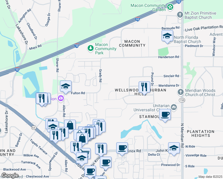 map of restaurants, bars, coffee shops, grocery stores, and more near 2814 Vann Circle in Tallahassee