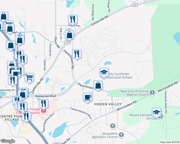 map of restaurants, bars, coffee shops, grocery stores, and more near Welaunee Boulevard in Tallahassee