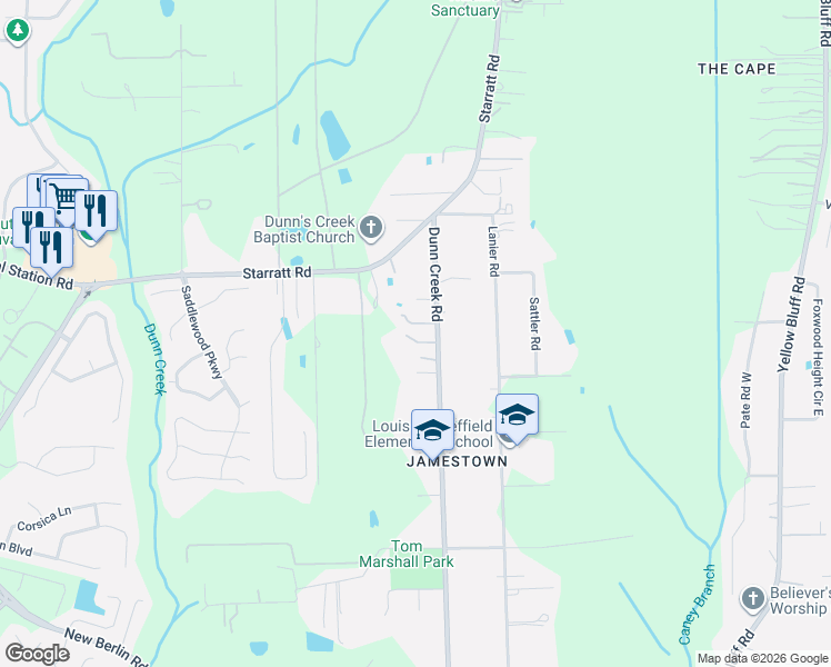 map of restaurants, bars, coffee shops, grocery stores, and more near 13524 Dunn Creek Road in Jacksonville