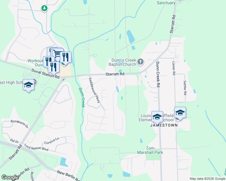 map of restaurants, bars, coffee shops, grocery stores, and more near 13496 Avery Park Lane in Jacksonville