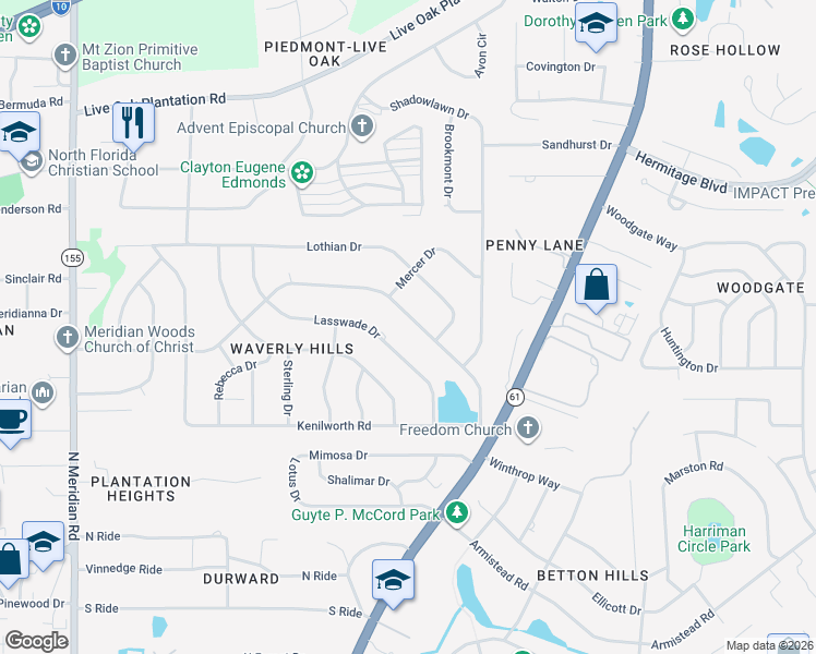 map of restaurants, bars, coffee shops, grocery stores, and more near 1112 Lasswade Drive in Tallahassee