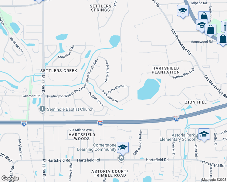 map of restaurants, bars, coffee shops, grocery stores, and more near 2747 Faringdon Drive in Tallahassee