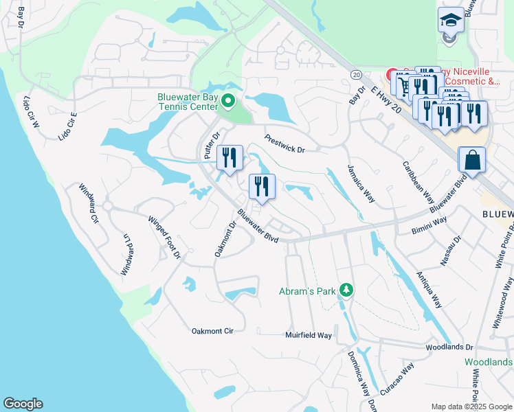 map of restaurants, bars, coffee shops, grocery stores, and more near 1474 Travers Court in Niceville