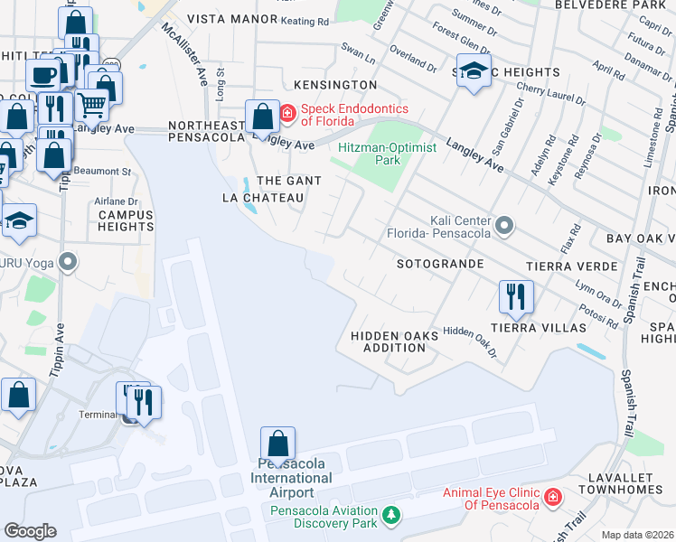 map of restaurants, bars, coffee shops, grocery stores, and more near 1 Merlion Way in Pensacola