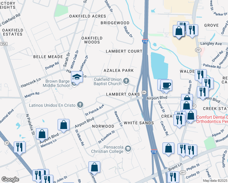 map of restaurants, bars, coffee shops, grocery stores, and more near 5811 Saint Benedict Avenue in Pensacola