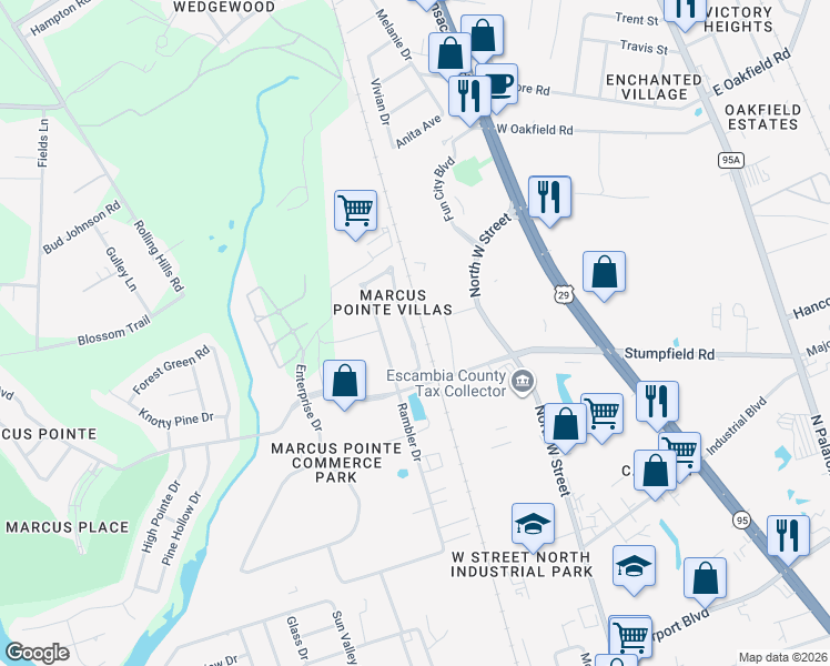 map of restaurants, bars, coffee shops, grocery stores, and more near 737 Ladner Drive in Pensacola
