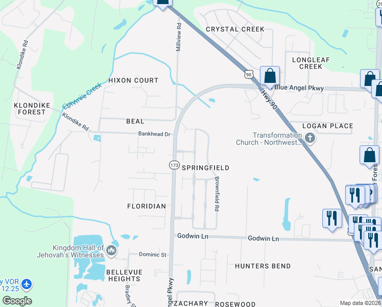 map of restaurants, bars, coffee shops, grocery stores, and more near 201 Darrah Circle in Pensacola