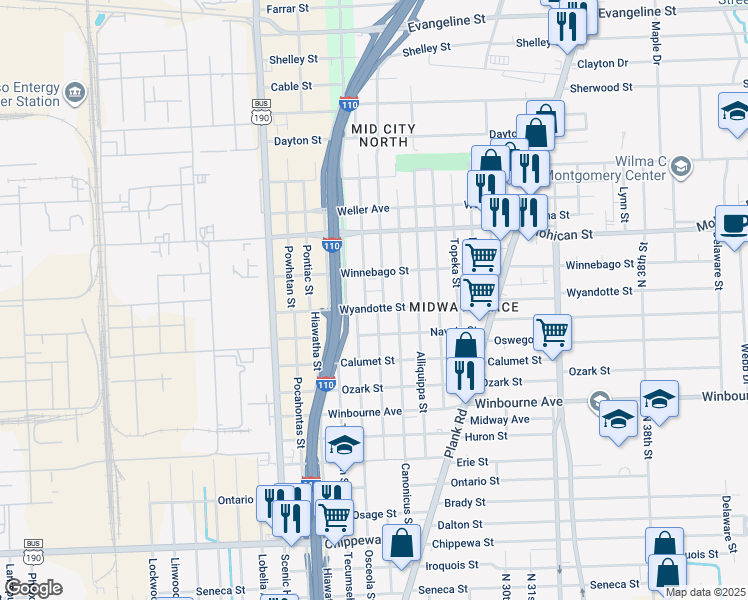 map of restaurants, bars, coffee shops, grocery stores, and more near 2525 Wyandotte Street in Baton Rouge